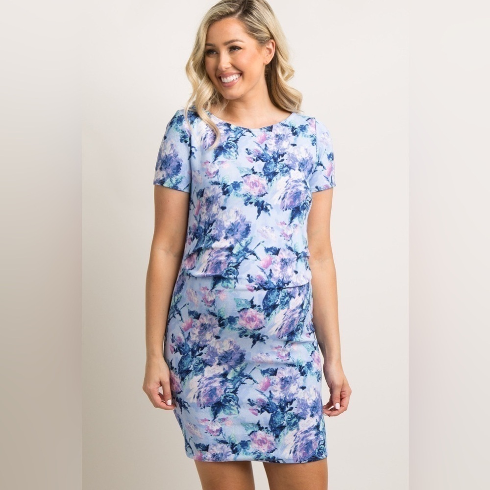 PinkBlush Blue Floral Fitted Maternity Dress (see measurements)